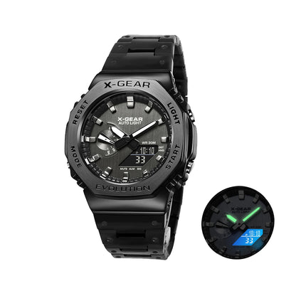 X-GEAR Digital Sports Electronic Unisex Watch Dual Display Full Function LED Alloy Large Time Steel Strap
