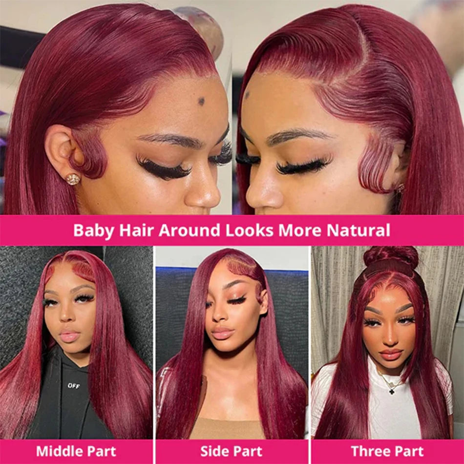 99J Colored Lace Front Human Hair Wigs Straight Burgundy 13x4  Transparent Full Lace Frontal Wig Red Brazilian Wigs For Women