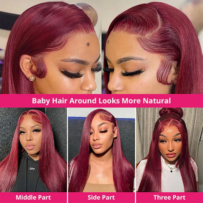 99J Colored Lace Front Human Hair Wigs Straight Burgundy 13x4  Transparent Full Lace Frontal Wig Red Brazilian Wigs For Women