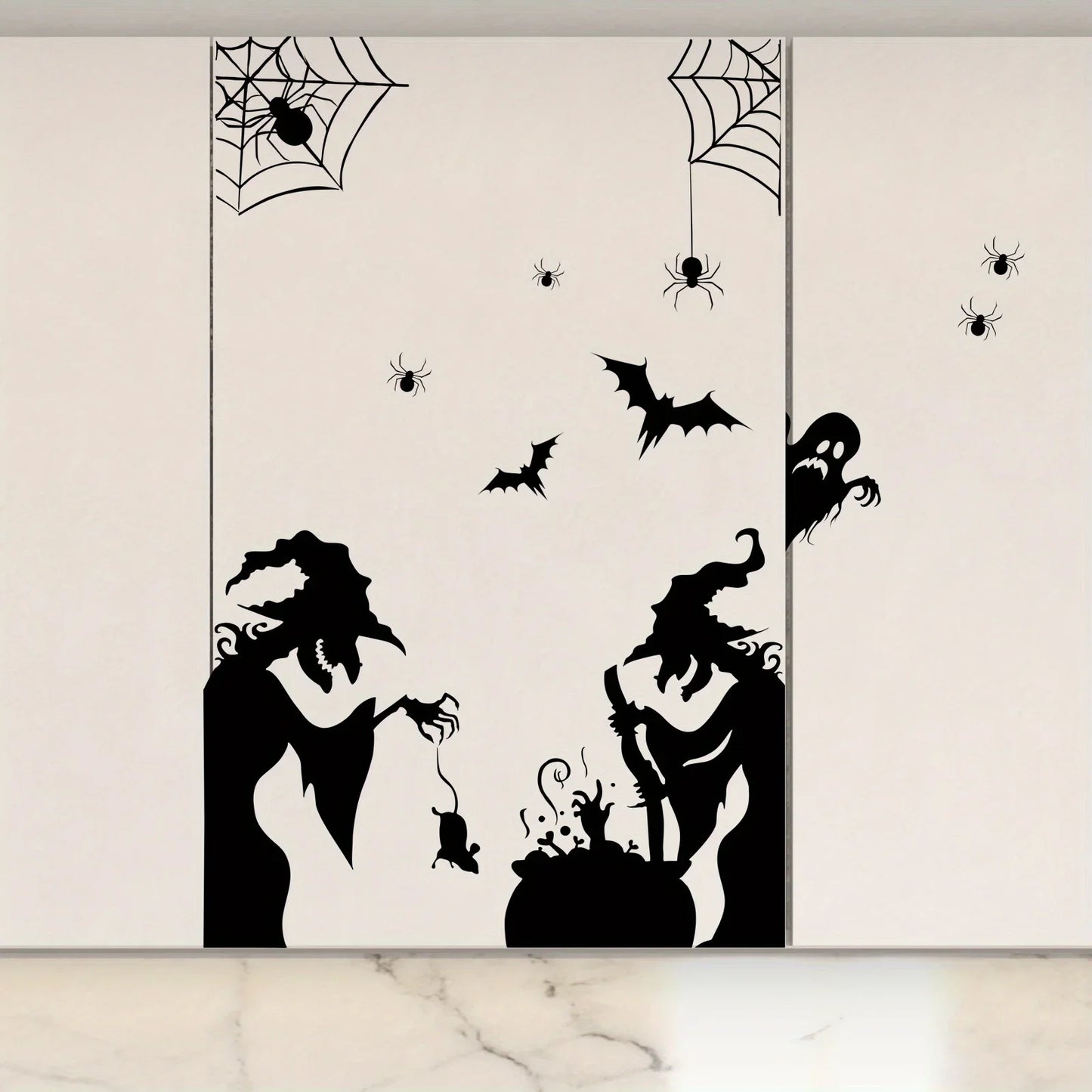 Large Halloween Window Sticker Decoration - Terror Witches, Ghosts, Bats and Spider Webs Electrostatic Adsorption Stickers