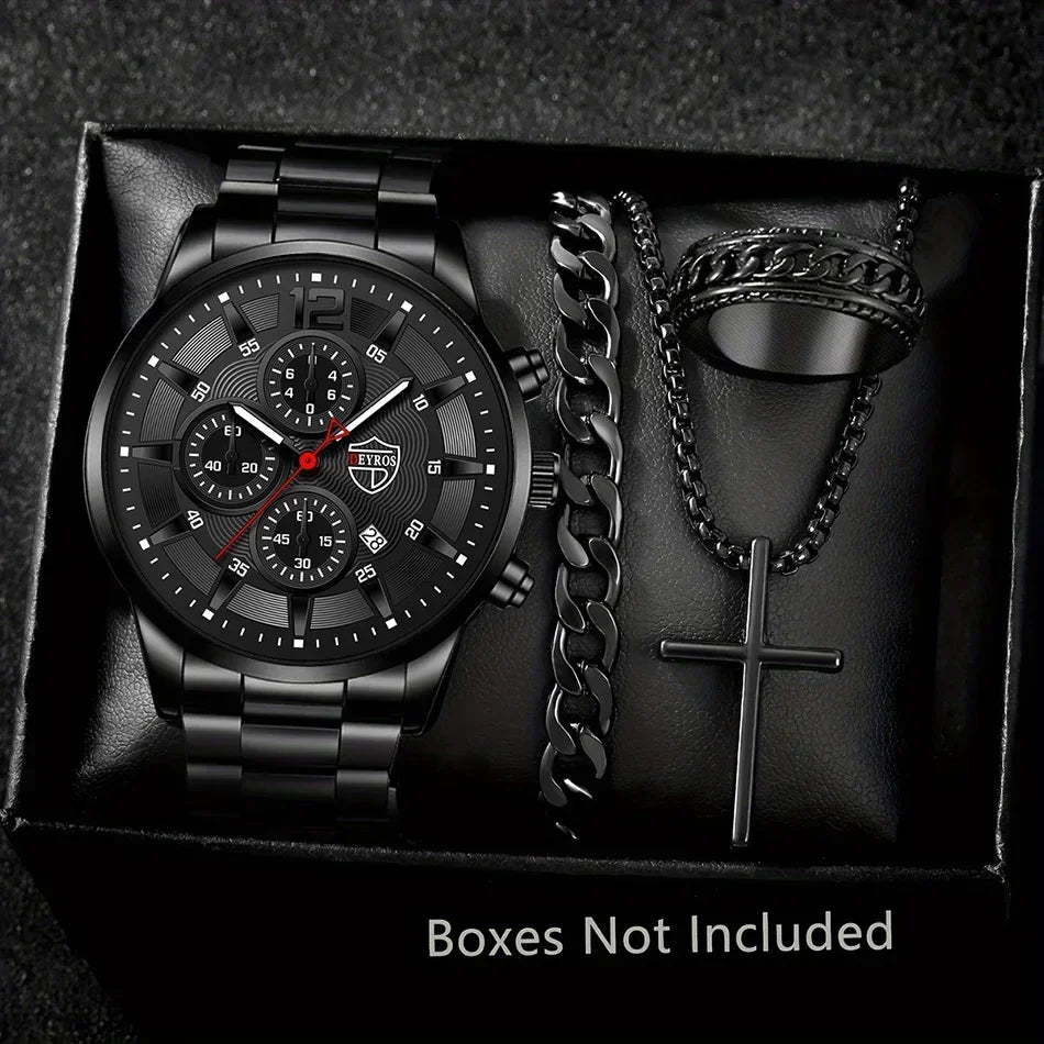 4-Piece Classic Black Men's Quartz Watch Set. Suitable for everyday wear.