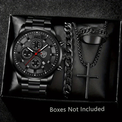 4-Piece Classic Black Men's Quartz Watch Set. Suitable for everyday wear.