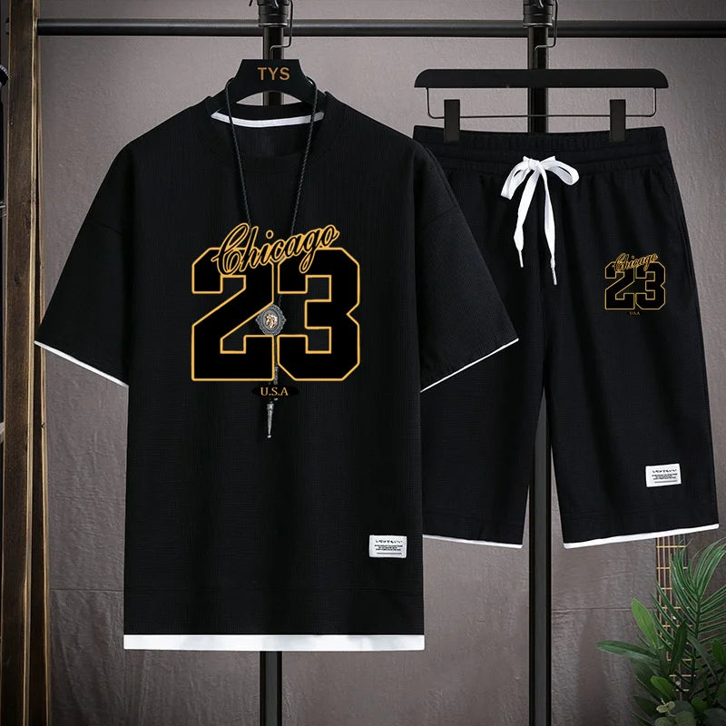 High Quality Men's Korea Comfortable and Summer  Fashion Print Sports Suit Fitness Jogging Daily Casual Wear Beach Shorts Set
