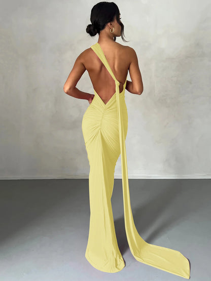 Hugcitar One Shoulder Backless Adjustable Scarf Loop Ruched Sexy Maxi Dress 2024 Women Elegant Y2K Streetwear Festival Outfit