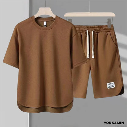 Men's New Waffle Summer Suit 2025 Korean Casual T-shirt + Shorts Suit Men's Tracksuit Solid Color Tracksuit Loose Suit