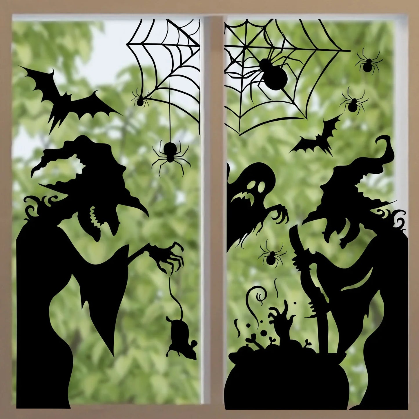 Large Halloween Window Sticker Decoration - Terror Witches, Ghosts, Bats and Spider Webs Electrostatic Adsorption Stickers
