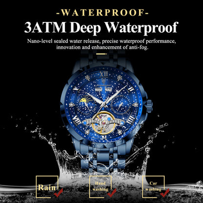 POEDAGAR Luxury Men Wristwatch Fashion Date Hollow Tourbillon Man Clock Automatic Mechanical Stainless Steel Men's Watches Reloj