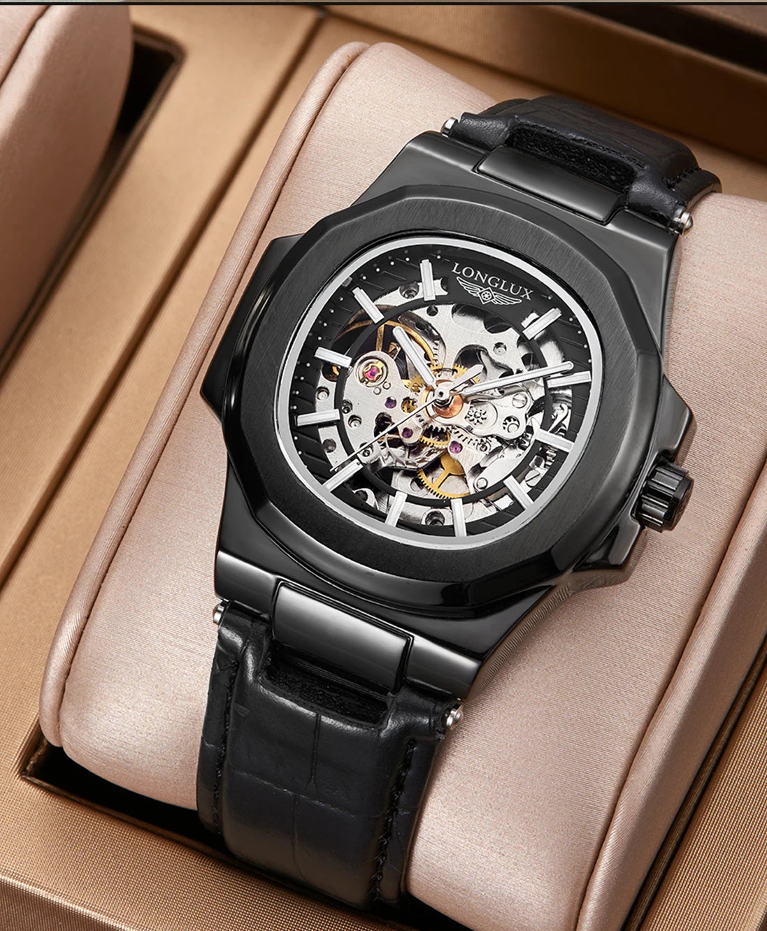 LONGLUX automatic mechanical watch outdoors simple luxury watches waterproof cheap wholesale skeleton leather mens watch gift
