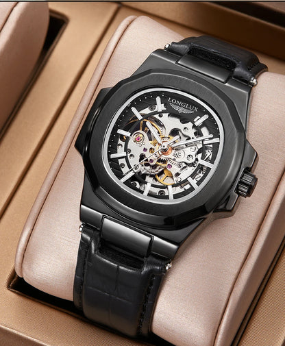 LONGLUX automatic mechanical watch outdoors simple luxury watches waterproof cheap wholesale skeleton leather mens watch gift