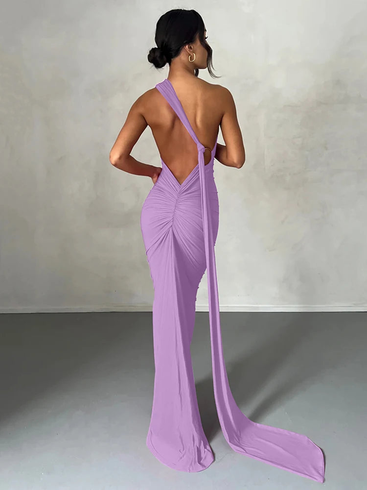Hugcitar One Shoulder Backless Adjustable Scarf Loop Ruched Sexy Maxi Dress 2024 Women Elegant Y2K Streetwear Festival Outfit