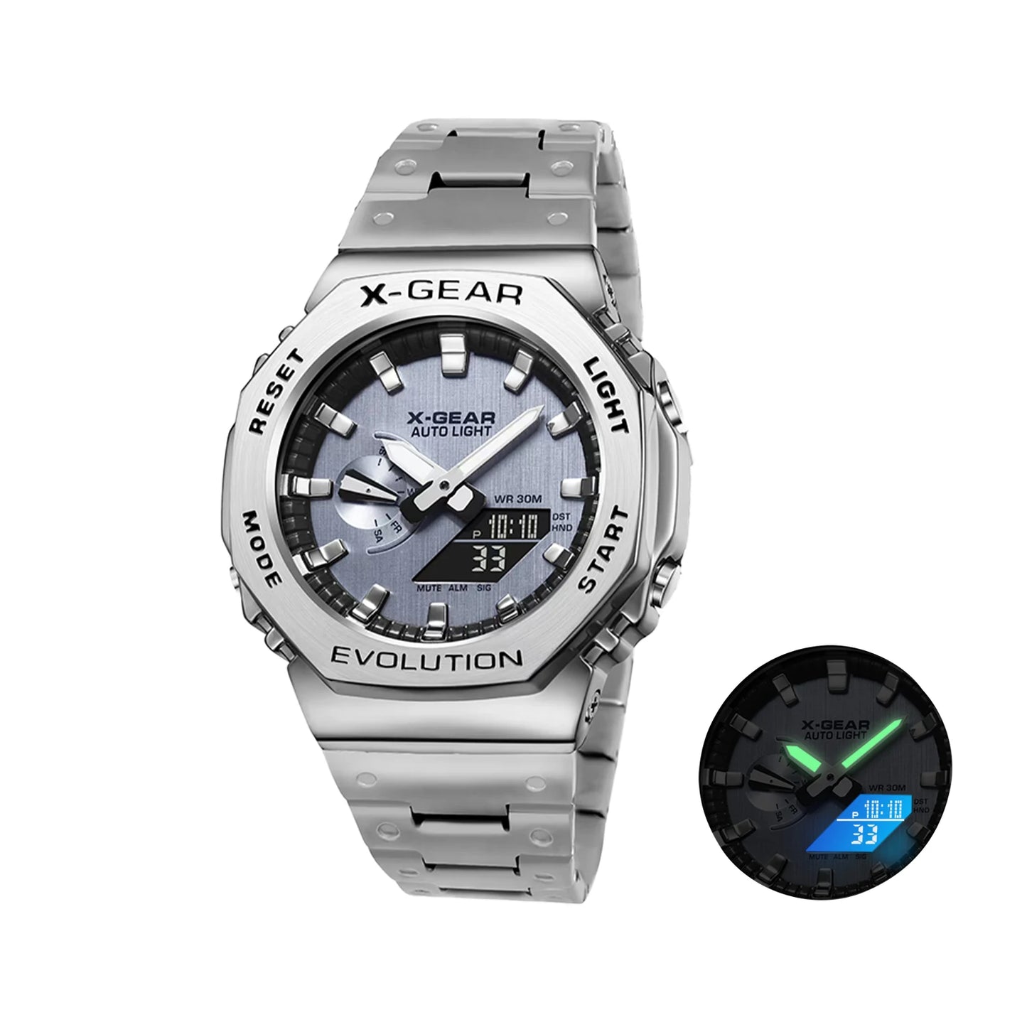 X-GEAR Digital Sports Electronic Unisex Watch Dual Display Full Function LED Alloy Large Time Steel Strap