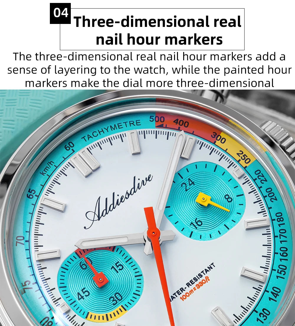 ADDIESDIVE New Men Watch 38mm VK64 Chronograph Fluororubber Luxury Domed Glass BGW9 Luminous 100m Waterproof Quartz Wristwatch