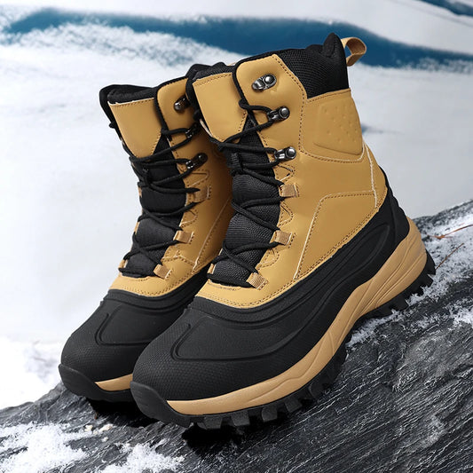 Men's Winter High-Top Snow Boots with Fleece Lining Thickened Waterproof Non-Slip Warm and Cold-Resistant Cotton Hiking Shoes