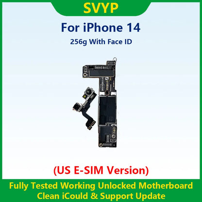 100%Working Fully Tested Mainboard For iPhone 14 Pro Max Unlocked Motherboard With Face ID Cleaned iCloud US E-SIM Version