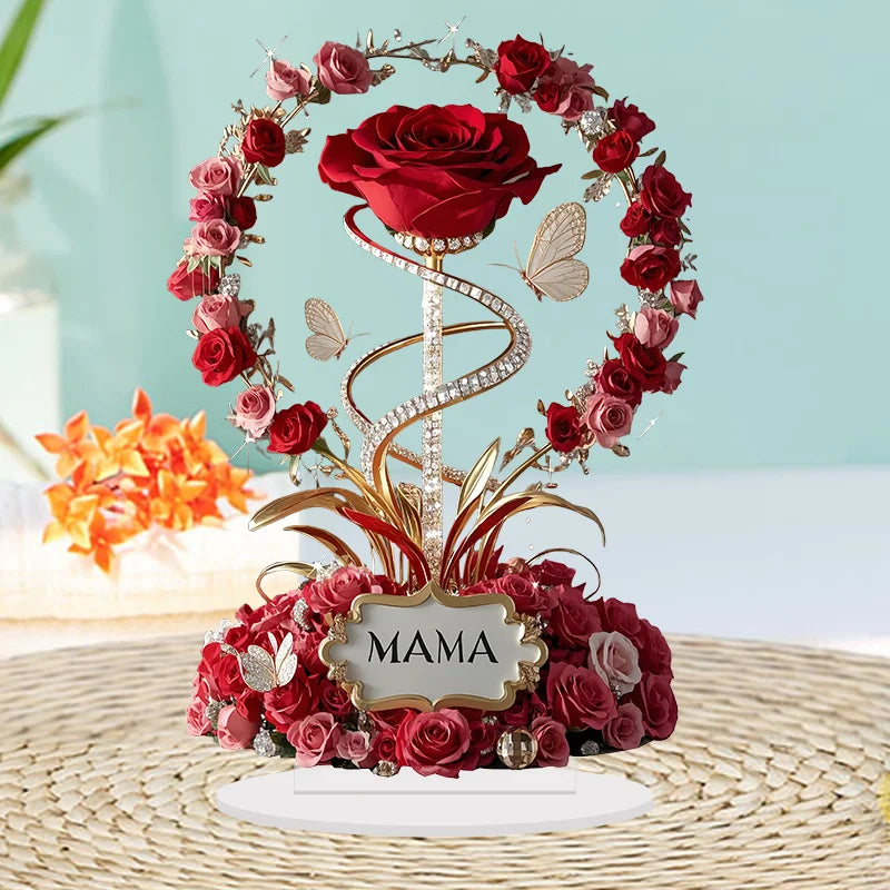 2D acrylic ornament, red rose, mother pattern, flat, elegant table decoration, branch, child, for mother, gifts.
