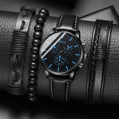 New Men's Watch Luxury Bracelet Multi Piece Set Fashion Business Black Leather Quartz Watch Men's Gift Set Reno Masculino