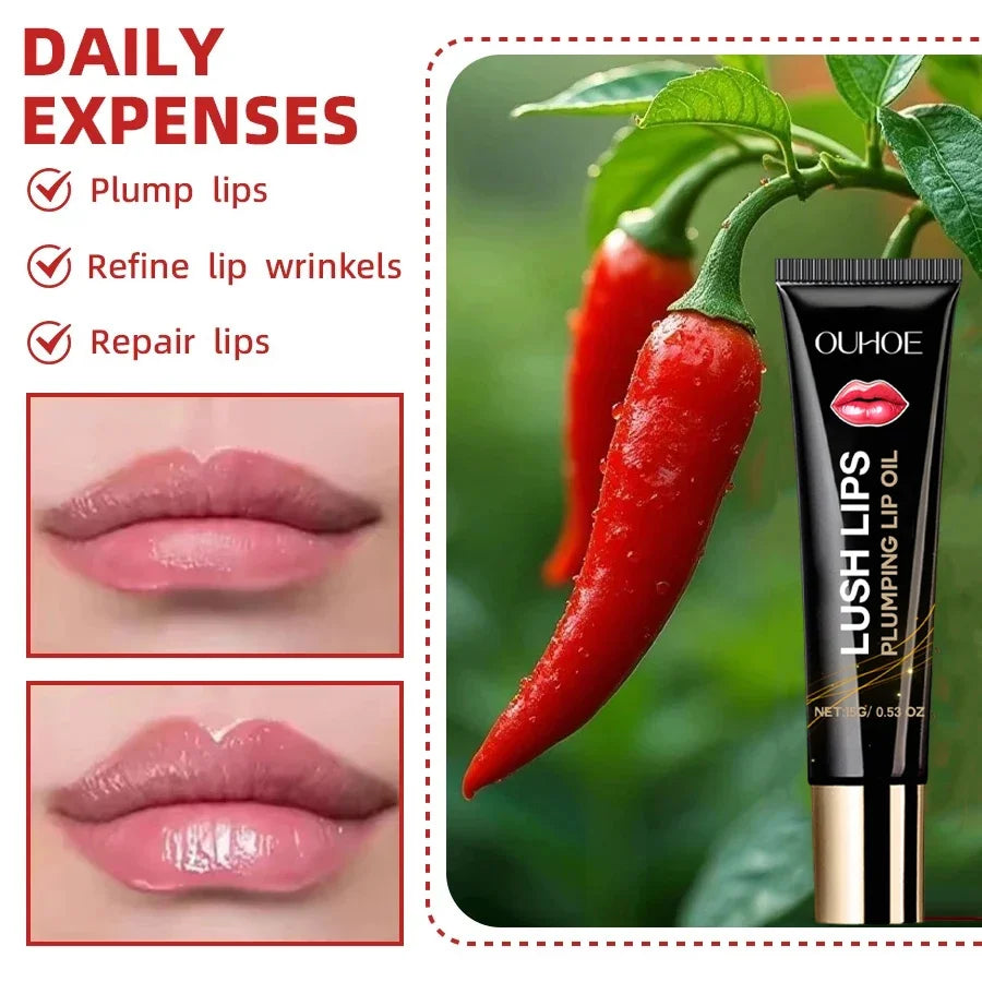 Lip plumper oil, instant volumizer, increases lip elasticity, long-lasting hydration, lip gloss, sexy beauty makeup.