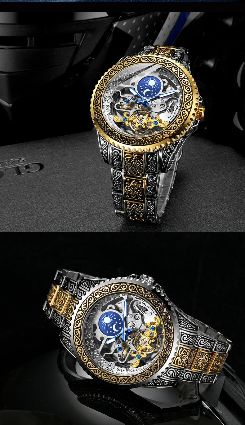 Forsining Luxury Transparent Skeleton Automatic Mechanical Wristwatch Stainless Steel Moonphase Watch Mens Clock reloj hombre