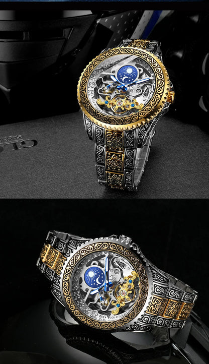 Forsining Luxury Transparent Skeleton Automatic Mechanical Wristwatch Stainless Steel Moonphase Watch Mens Clock reloj hombre
