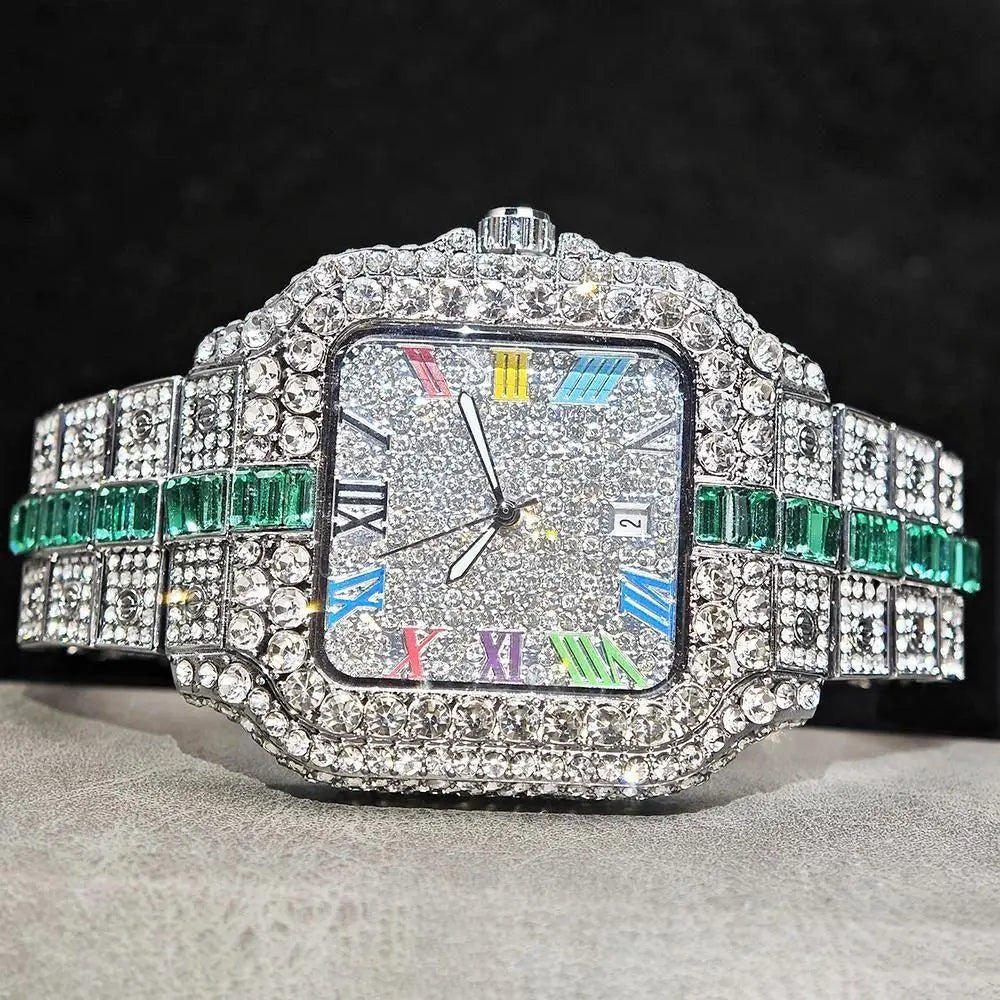 Hot Sale Blue Iced Watch For Man Fashion Colorful Roman Literal Quartz Watch Hip Hop Diamond Jewelry Square Wrist Watch Men Gift