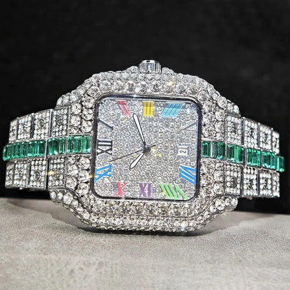 Hot Sale Blue Iced Watch For Man Fashion Colorful Roman Literal Quartz Watch Hip Hop Diamond Jewelry Square Wrist Watch Men Gift