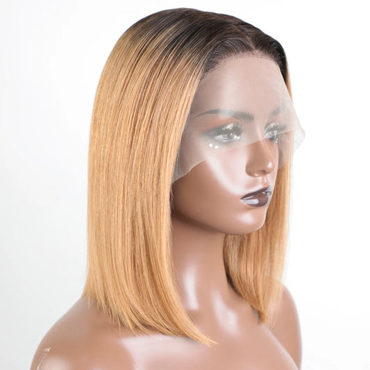 Lekker Ombre Blonde Short Straight Bob 13x1 T Lace Front 100% Human Hair Wigs For Women Glueless Brazilian Remy Hair Colored Wig