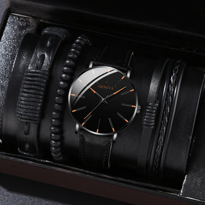 New Men's Watch Luxury Bracelet Multi Piece Set Fashion Business Black Leather Quartz Watch Men's Gift Set Reno Masculino