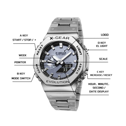 X-GEAR Digital Sports Electronic Unisex Watch Dual Display Full Function LED Alloy Large Time Steel Strap