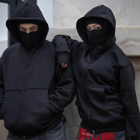 2025 Autumn/Winter New Men's and Women's Double Hats with Hoodie Coat Zipper Windproof and Warm Couple Hip Hop Sports Top
