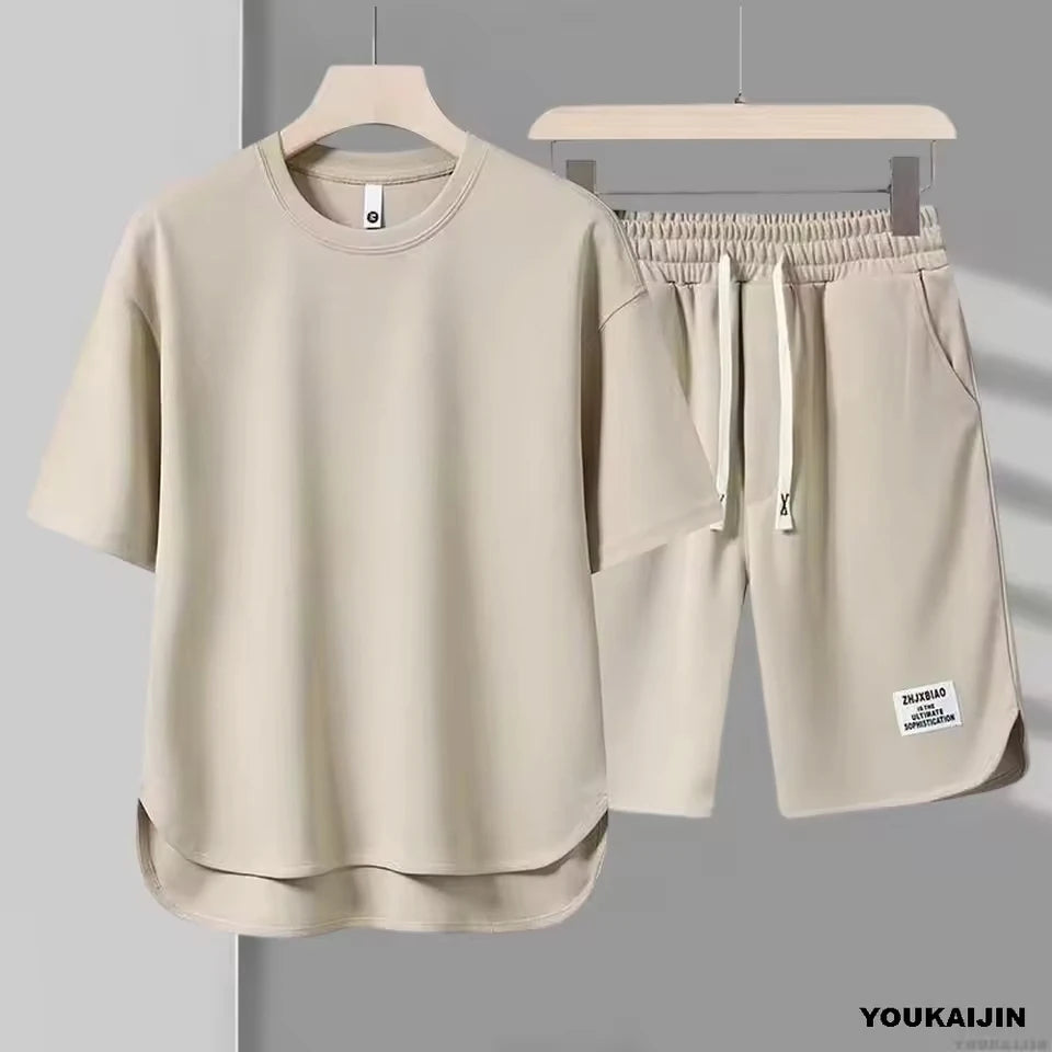 Men's New Waffle Summer Suit 2025 Korean Casual T-shirt + Shorts Suit Men's Tracksuit Solid Color Tracksuit Loose Suit