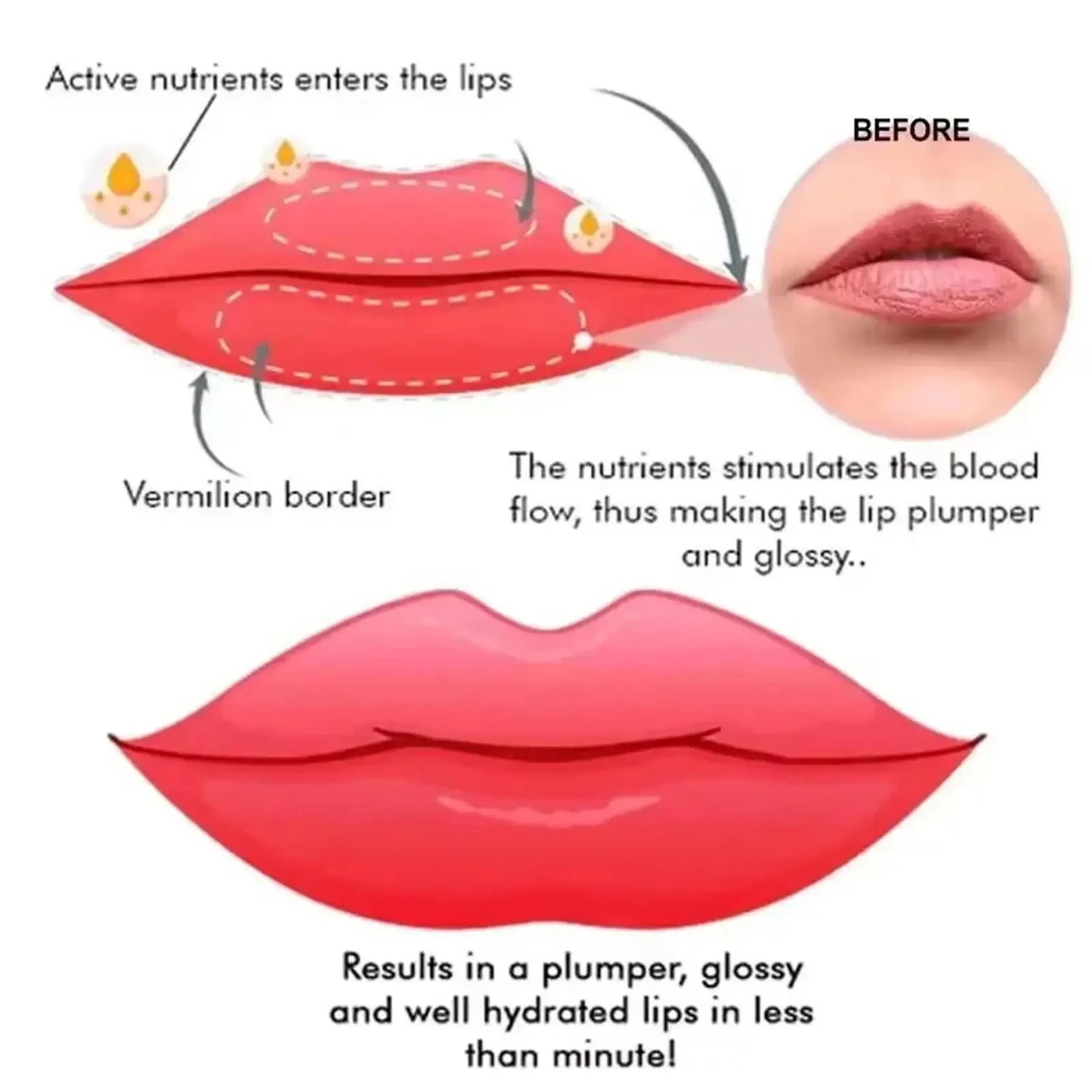 Lip plumper oil, instant volumizer, increases lip elasticity, long-lasting hydration, lip gloss, sexy beauty makeup.