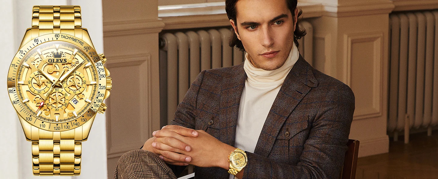 OLEVS Lxuxry Brand Gold Men's Watches Full Skeleton Stainless steel Chronograph Wristwatch Waterproof Luminous Quartz Watch Men