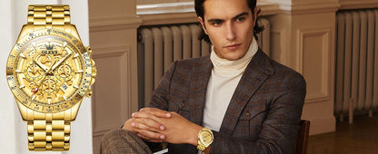 OLEVS Lxuxry Brand Gold Men's Watches Full Skeleton Stainless steel Chronograph Wristwatch Waterproof Luminous Quartz Watch Men