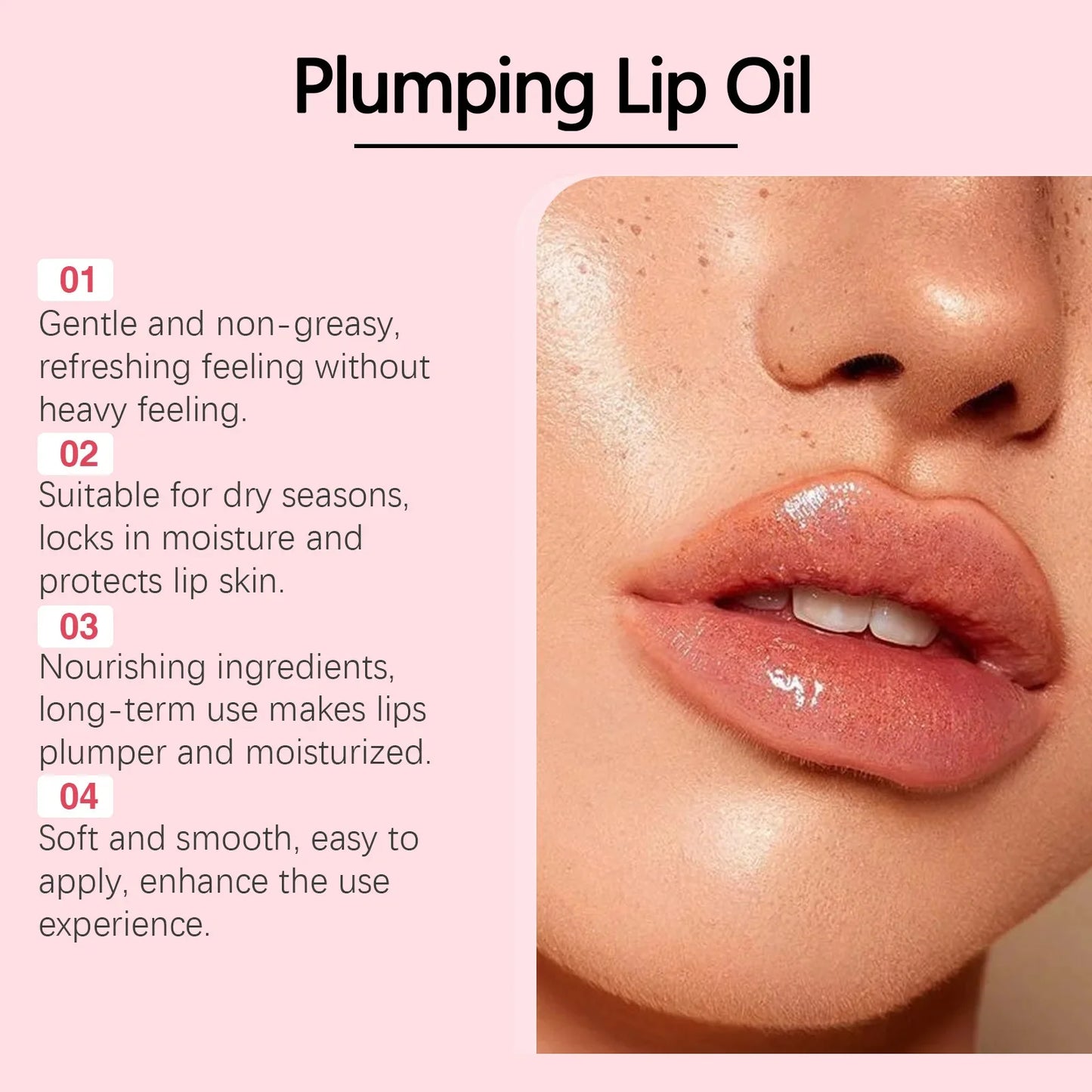 Lip plumper oil, instant volumizer, increases lip elasticity, long-lasting hydration, lip gloss, sexy beauty makeup.