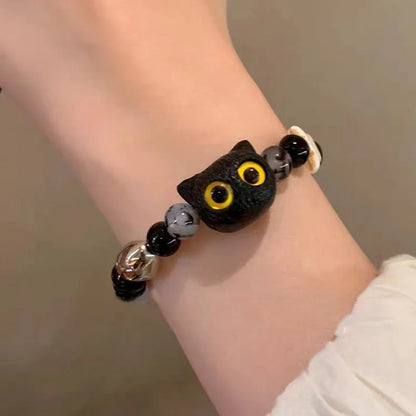 Matching bracelets for couples, women, men, luminous, cute cat friendship bracelet, black and white cat head bracelets, glow in the dark gift.