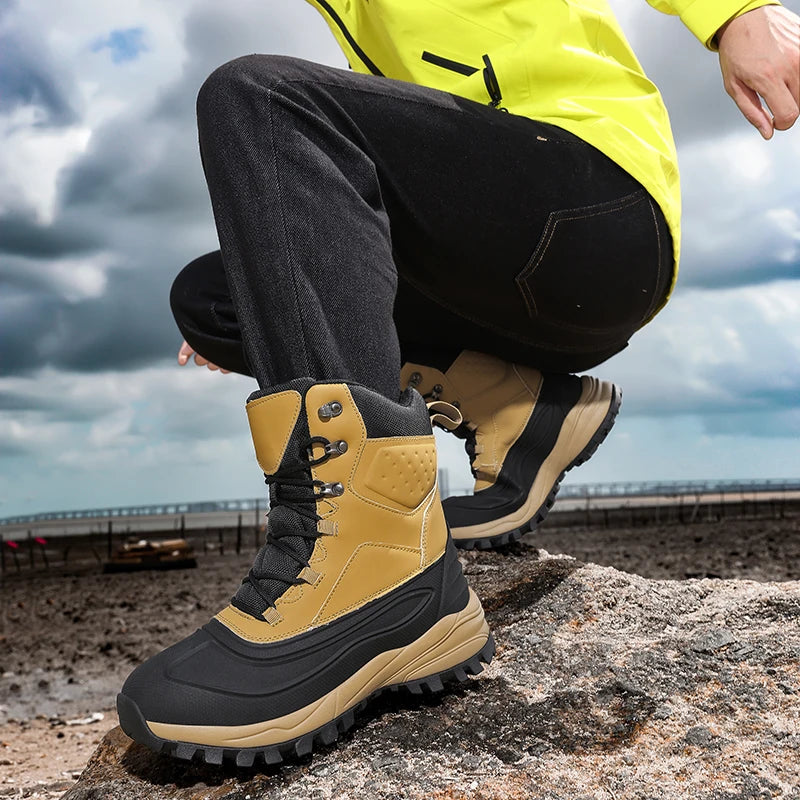 Men's Winter High-Top Snow Boots with Fleece Lining Thickened Waterproof Non-Slip Warm and Cold-Resistant Cotton Hiking Shoes