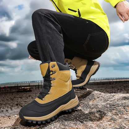 Men's Winter High-Top Snow Boots with Fleece Lining Thickened Waterproof Non-Slip Warm and Cold-Resistant Cotton Hiking Shoes