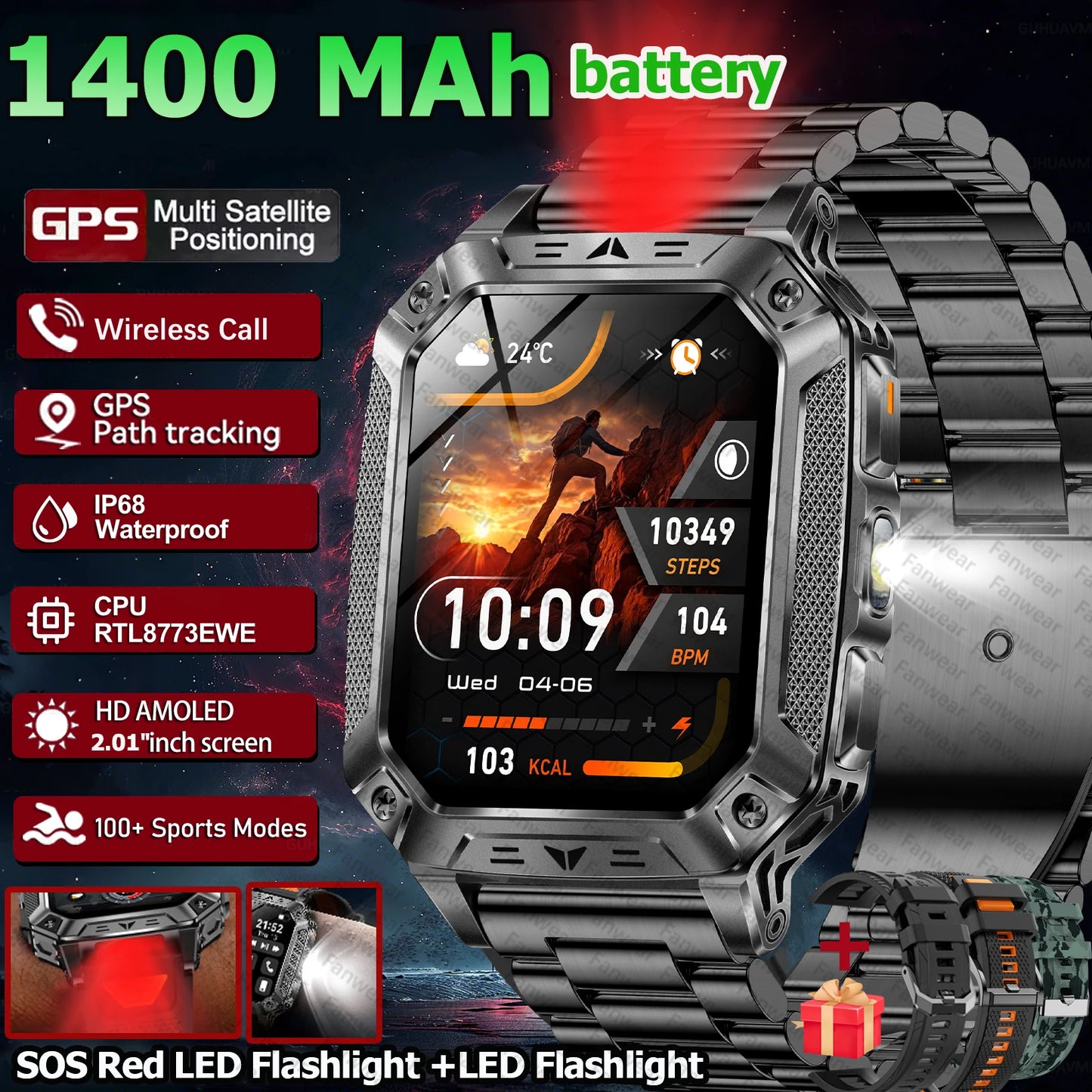 Robust military smart watch 1400Mah battery fitness tracking 10ATM waterproof tactical sports flashlight men's phone watch