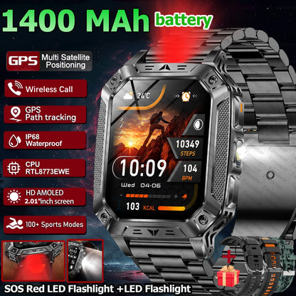 Robust military smart watch 1400Mah battery fitness tracking 10ATM waterproof tactical sports flashlight men's phone watch
