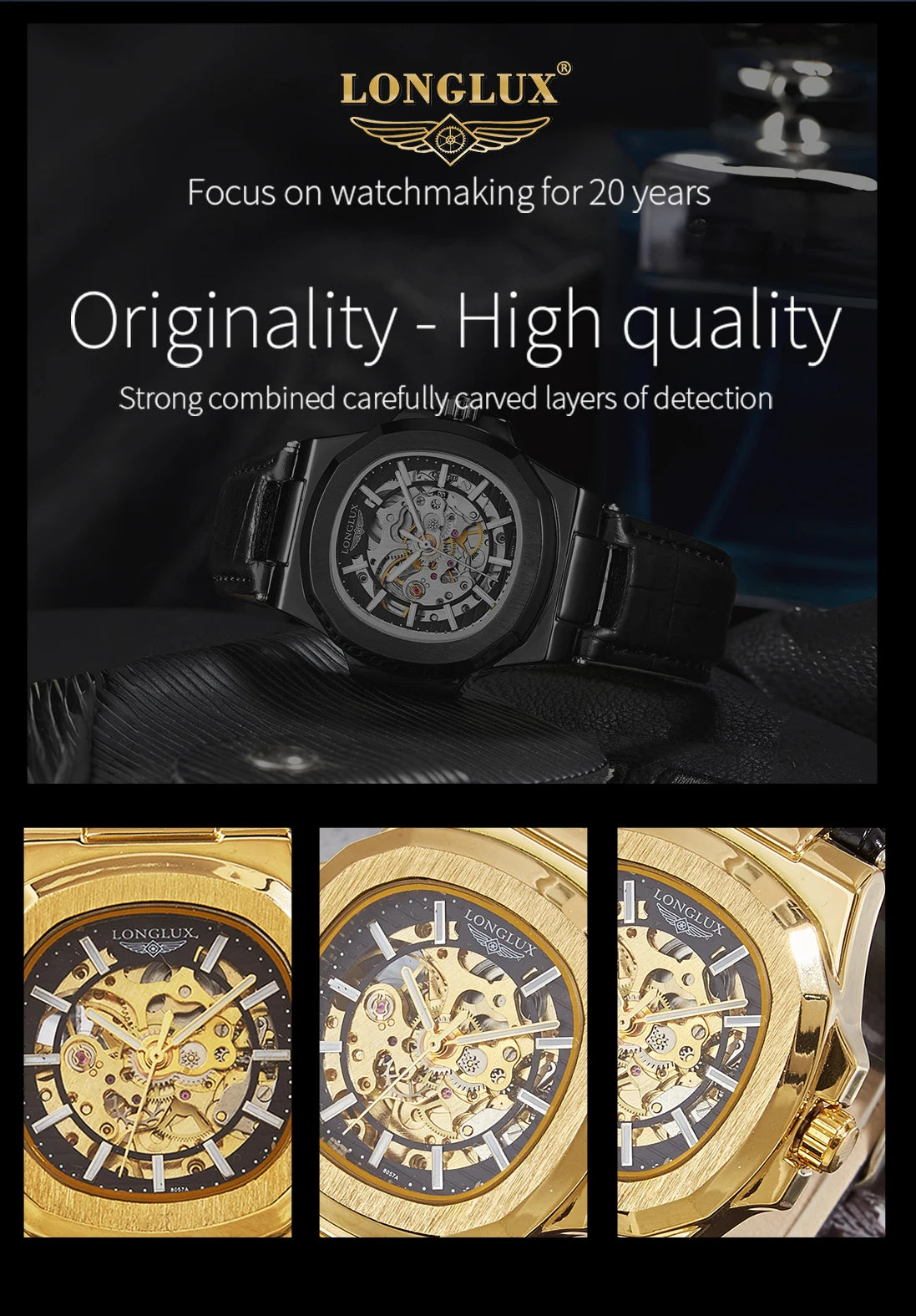 LONGLUX automatic mechanical watch outdoors simple luxury watches waterproof cheap wholesale skeleton leather mens watch gift