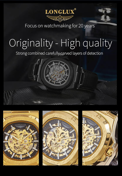 LONGLUX automatic mechanical watch outdoors simple luxury watches waterproof cheap wholesale skeleton leather mens watch gift