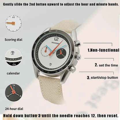 Round Sports Watch for Men Stopwatch Light Luxury Retro Leather Watch Strap Advanced Genuine Quartz Watch Waterproof Men's Watch