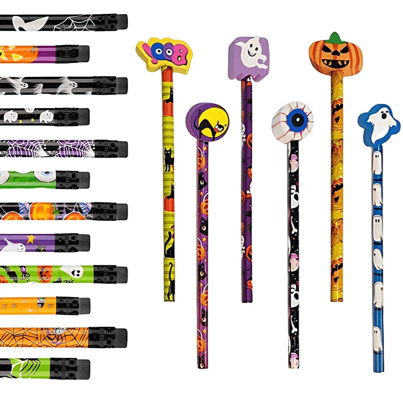 12-36 pcs Halloween Style Pencils Random Design HB Pencil Cartoon Eraser Halloween Themed Stationery Students Gift Boys Girls ZYF