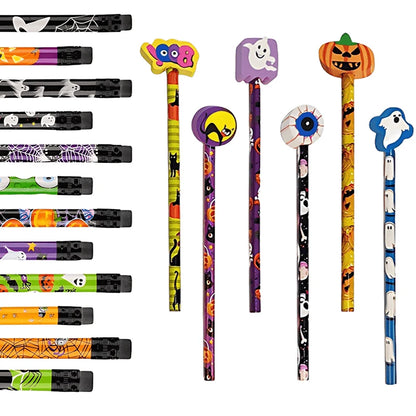 12-36 pcs Halloween Style Pencils Random Design HB Pencil Cartoon Eraser Halloween Themed Stationery Students Gift Boys Girls ZYF