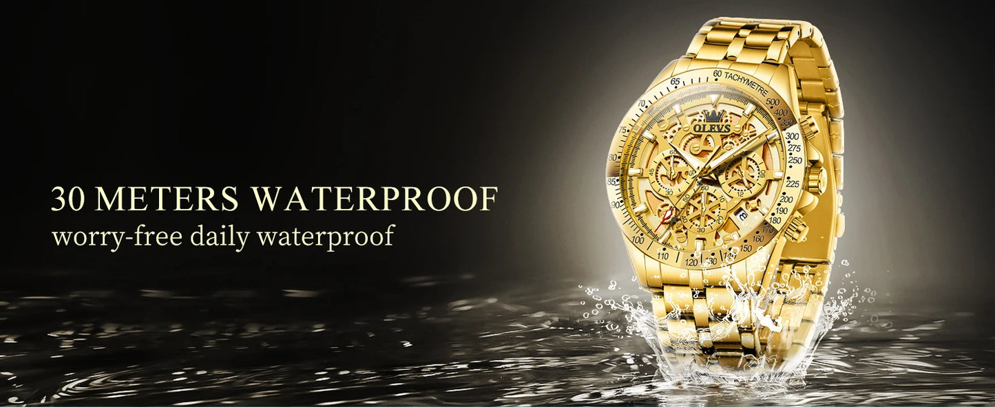 OLEVS Lxuxry Brand Gold Men's Watches Full Skeleton Stainless steel Chronograph Wristwatch Waterproof Luminous Quartz Watch Men