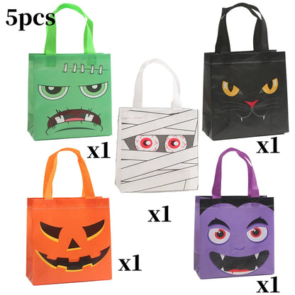 5 PCS Halloween Non-Woven Treat Bags Pumpkin Ghost Bat Mummy Monster Cat Pattern Totes Bag Trick or Treat Halloween Party Favor