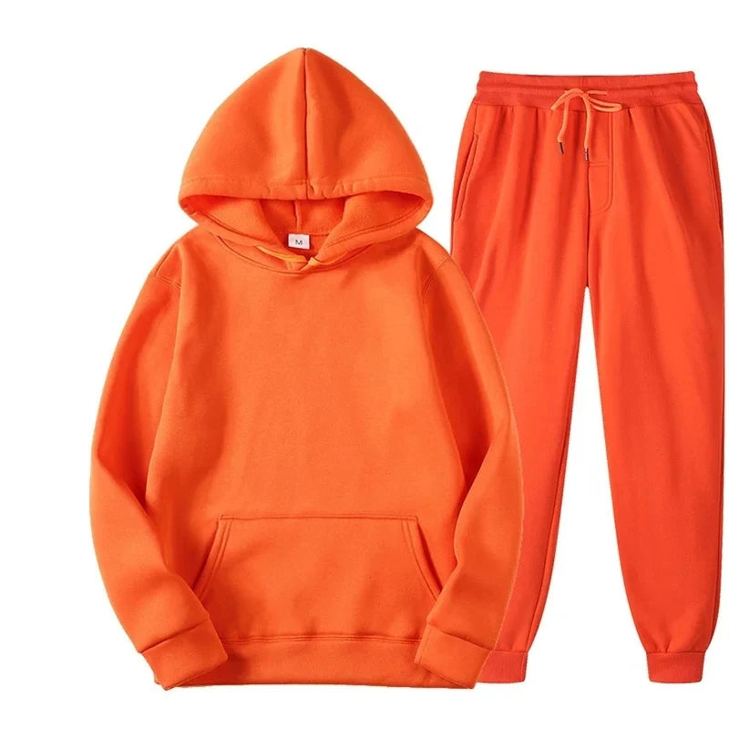 Men Women Tracksuit Hoodies Casual Solid Color Thick Pullover and Long Pant 2-piece Set Men Autumn Fleece Jogger Sports Suit Ne