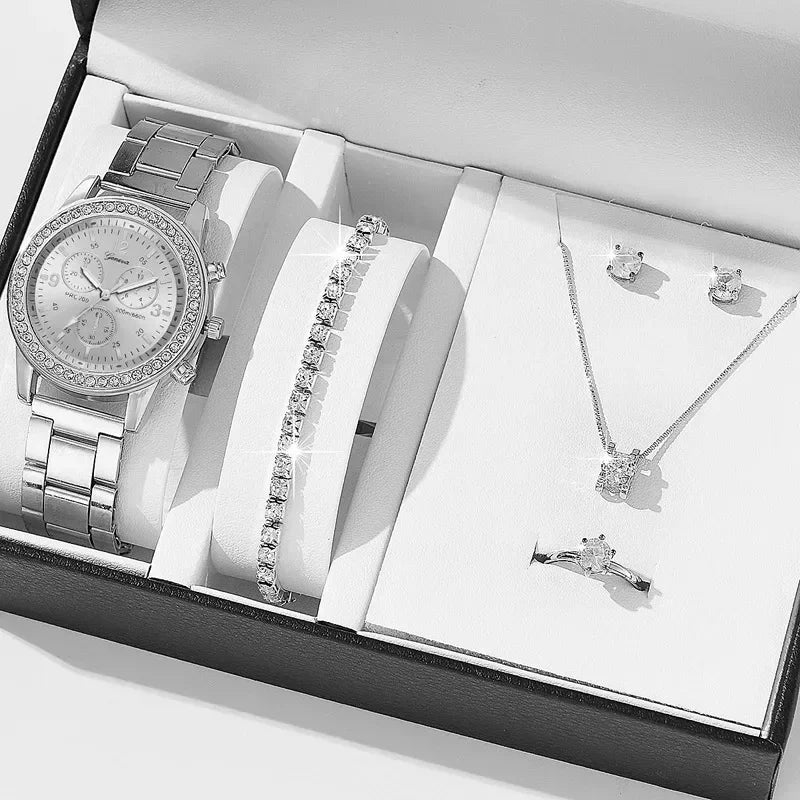 6pcs/set Jewelry Sets Women Quartz Watch Luxury with Stainless Steel Strap Clock Rhinestone Ring Necklace Earrings (no Box)