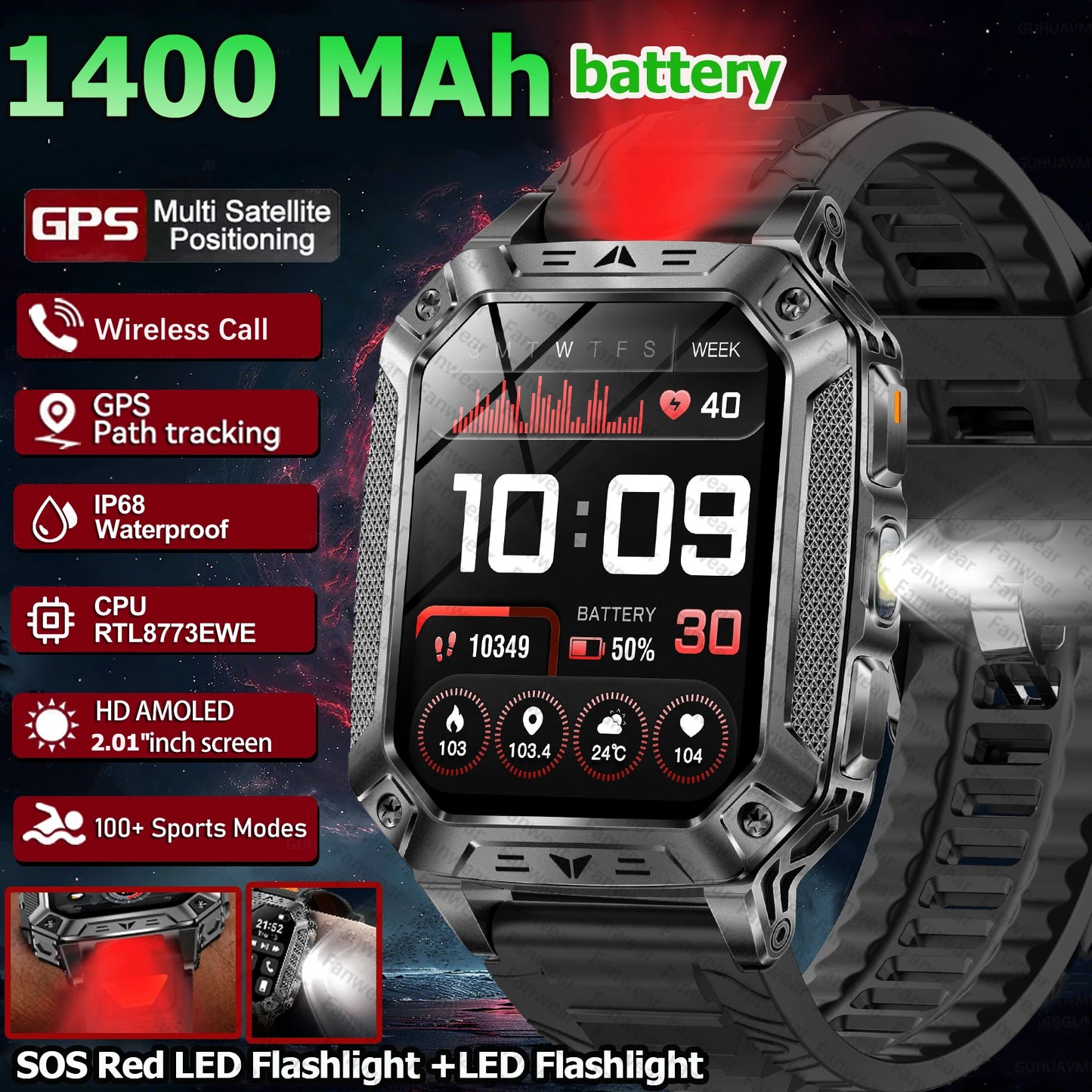 Robust military smart watch 1400Mah battery fitness tracking 10ATM waterproof tactical sports flashlight men's phone watch