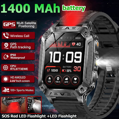 Robust military smart watch 1400Mah battery fitness tracking 10ATM waterproof tactical sports flashlight men's phone watch